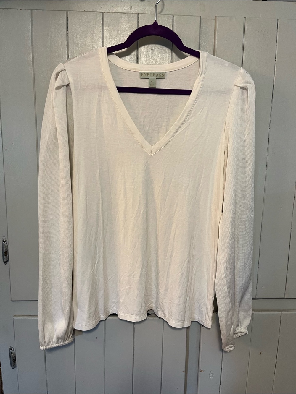 Rye Grass V-Neck Long Sleeve Top in Cream